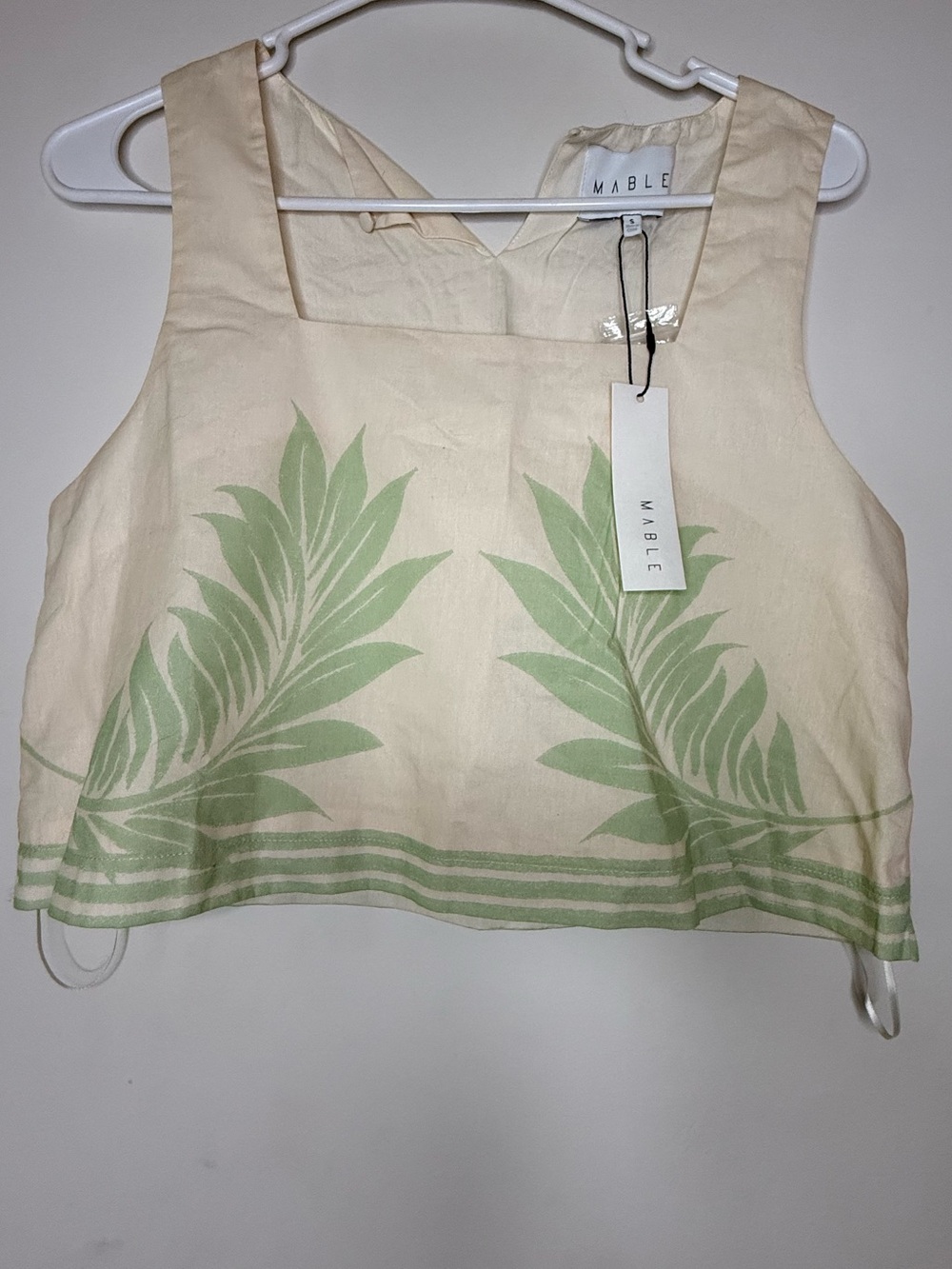 MARBLE Cream Crop Top with Pale Green Leaf Motif
